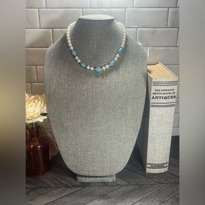 Vintage Faux Blue Turquoise and Faux White Pearl Beads Necklace Silver Tone 18”